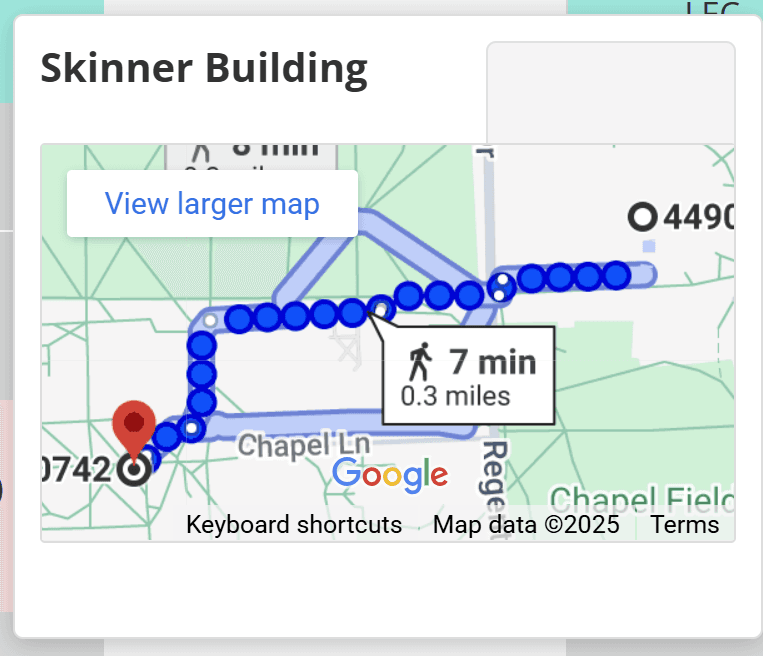 Walking directions to Skinner Building on Testudo schedule page