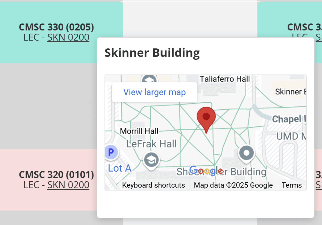 Hovering over a location on Testudo schedule page