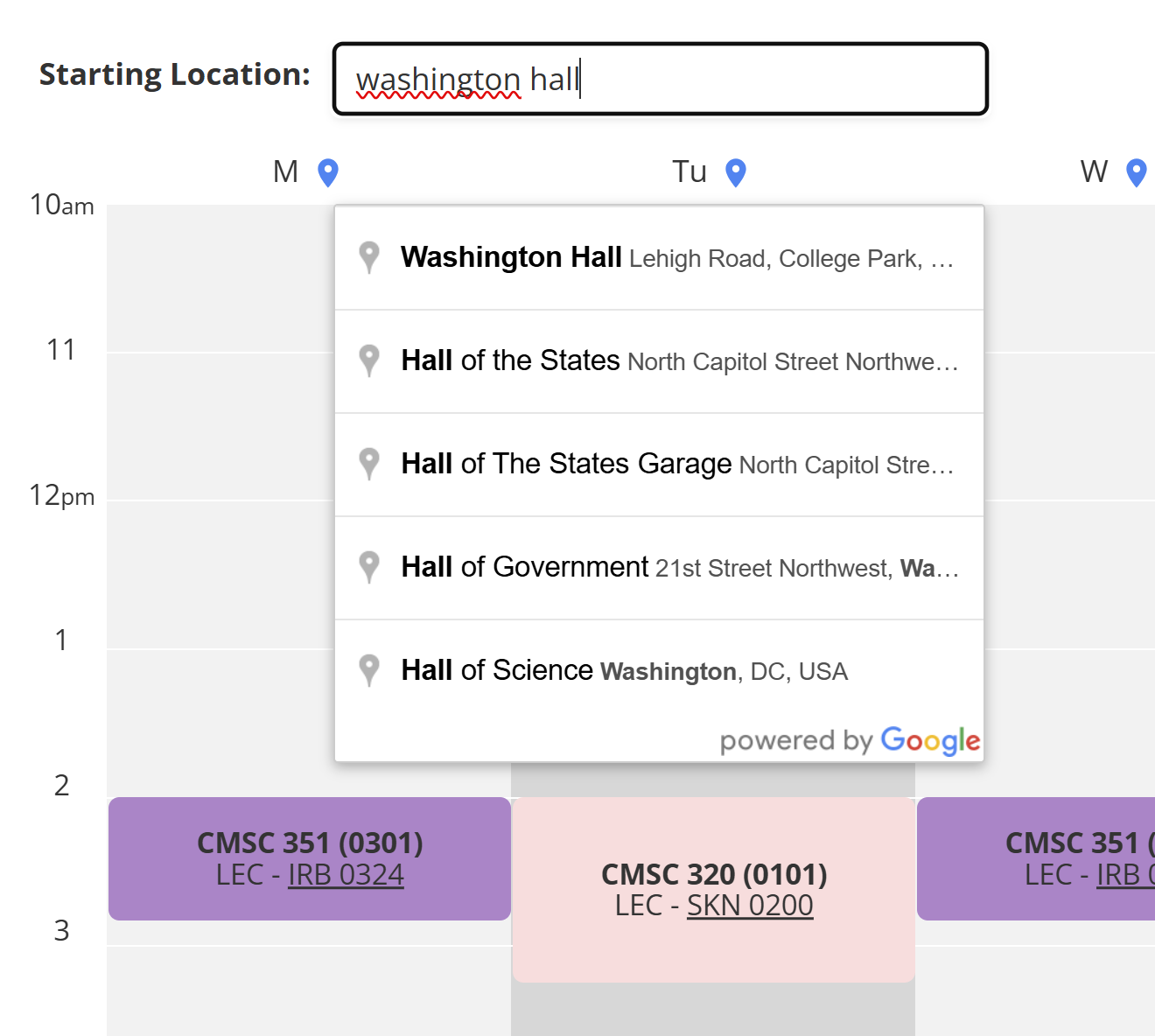 Location autocomplete for 'Washington Hall' on Testudo schedule page