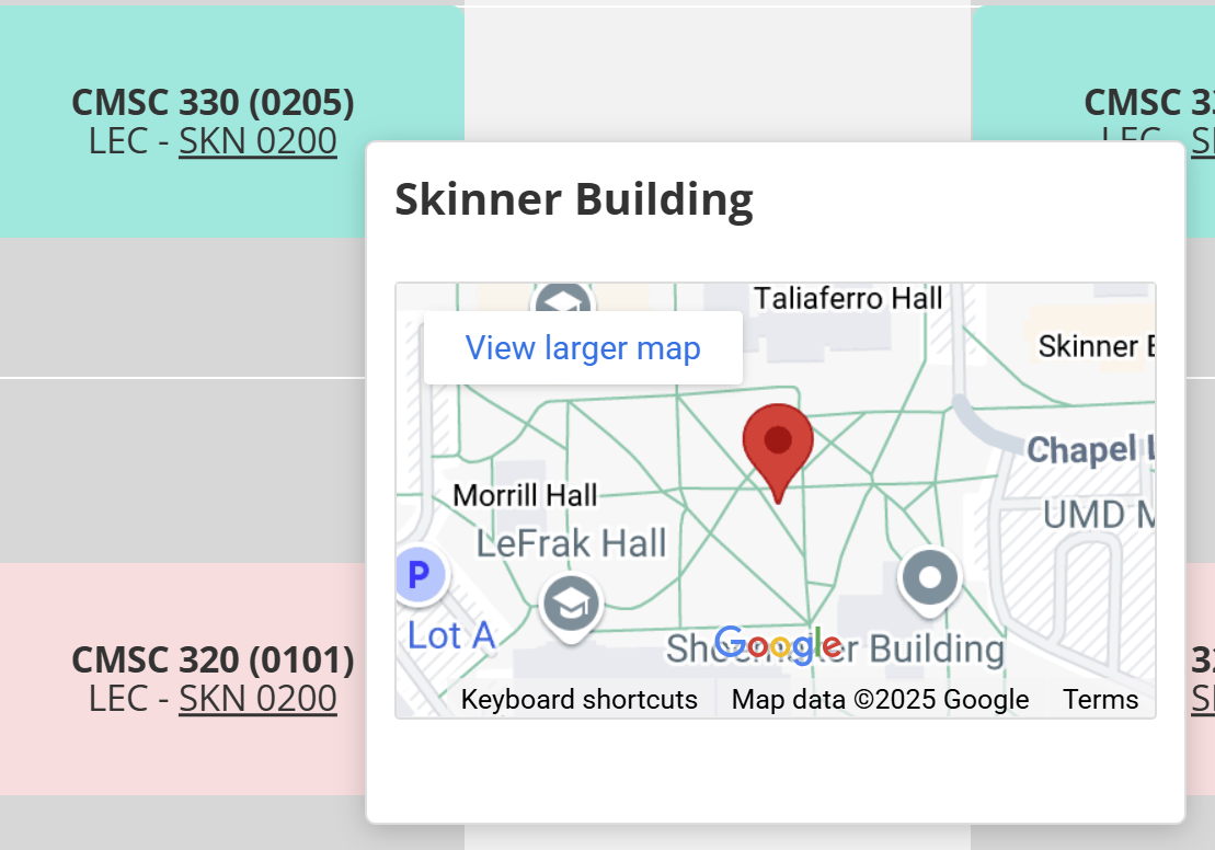 Hovering over a location on Testudo schedule page