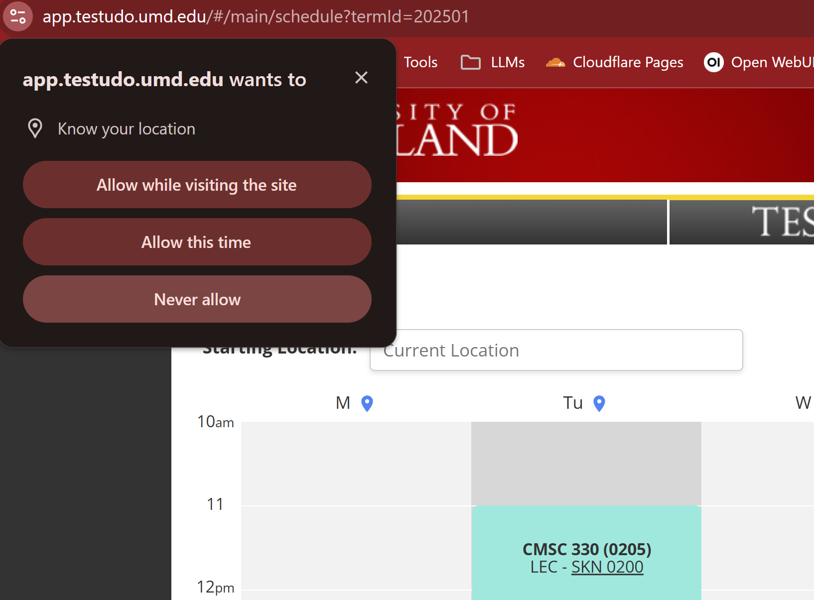 Location permission prompt on Testudo schedule page